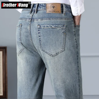 Осенью 2023 года Новые мужские Обычные прямые джинсы в стиле ретро, хлопковые эластичные джинсовые брюки с высокой талией, Деловые Повседневные брюки