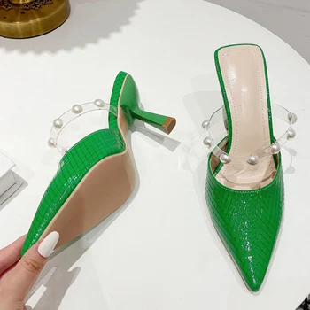 Пикантные женские туфли-лодочки с зеленым змеиным принтом, модные сандалии с жемчужным дизайном, женские шлепанцы-слипоны с острым носком на тонких низких каблуках