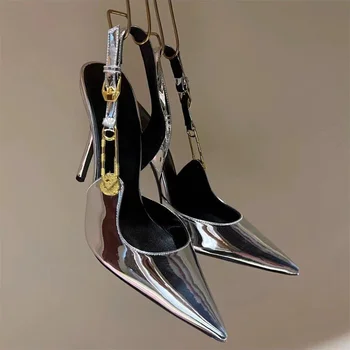 Пикантные туфли-лодочки с острым носком, новинка 2023 года, женские босоножки из лакированной кожи серебристого цвета на высоком каблуке, женская обувь для вечеринок