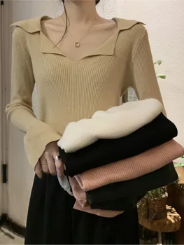 Повседневный однотонный вязаный пуловер Для женщин с длинными рукавами и V-образным вырезом, осень-зима, Kawaii, Базовый женский Простой Универсальный Тонкий трикотаж Y2K, Новинка