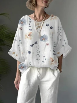 Повседневный Свободный пуловер с принтом, блузка, женские модные рубашки с круглым вырезом и расклешенными рукавами для женщин 2023, Осенний Белый винтажный топ Femme
