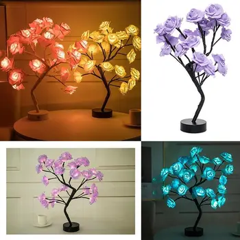 Подарочная пластиковая светодиодная лампа для букета роз с USB-приводом, ночные светильники для дерева бонсай, свадебная настольная лампа с розами, 24 огонька