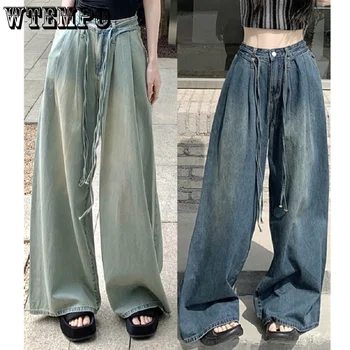 Прямые винтажные джинсы с широкими штанинами, женские оверсайз Y2k Гранж-панк, мешковатые Черные джинсовые брюки с высокой талией, женская Корейская уличная одежда