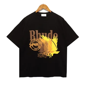 Ретро Весенне-летняя новая модная футболка RHUDE от бренда Oversize с буквенным принтом Eagle для мужчин и женщин 1: 1 с коротким рукавом