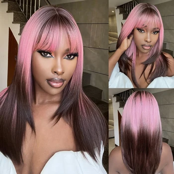 Розово-коричневый Прямой синтетический парик Омбре, длинный парик для косплея с челкой для чернокожих женщин, повседневная вечеринка, натуральные накладные волосы, термостойкие