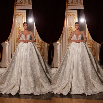 Роскошные бальные свадебные платья с длинными рукавами и глубоким V-образным вырезом, 3D кружевные аппликации, оборки, бусины на молнии, свадебные платья Vestina De Novia