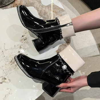 Роскошные Женские туфли на среднем каблуке с украшением в виде кристаллов, Массивные Ботинки 