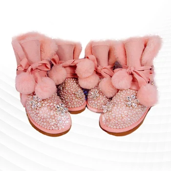 Роскошные зимние ботинки на шнуровке с объемным цветочным узором, украшенные жемчугом и стразами, толстые теплые нескользящие хлопковые туфли на меху