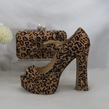 Роскошные леопардовые свадебные туфли и сумочка на толстом каблуке для новобрачных, Женские туфли-лодочки на высоком каблуке С открытым носком, Вечерние Туфли на платформе с открытым носком