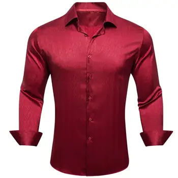 Роскошные рубашки для мужчин, шелковый атлас, красный, бордовый, с длинным рукавом, приталенная мужская блузка, Повседневные формальные топы, дышащие Barry Wang