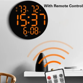 Светодиодные круглые настенные часы с большим экраном 3D, цифровой дисплей температуры, влажности, даты, будильник, Современный домашний декор с дистанционным управлением