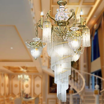 Скандинавские французские светодиодные хрустальные люстры, медные подвесные светильники в стиле ЛОФТ в стиле ретро, кольцевая лампа для двухуровневой лестницы, декоративное освещение интерьера