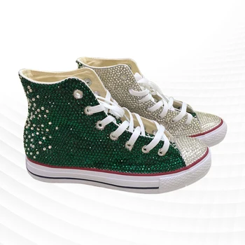 Трендовая бело-зеленая парусиновая обувь с полным бриллиантом и высоким берцем, популярные удобные повседневные кроссовки