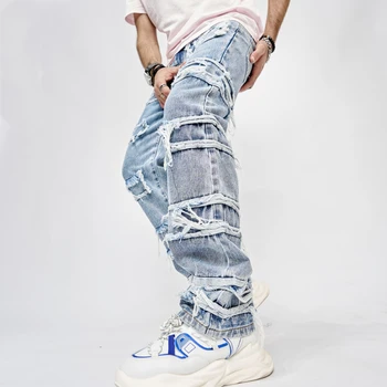 Уличная одежда Y2K, Широкие рваные джинсы, мужские прямые эластичные синие брюки, джинсовые брюки в стиле пэчворк с кошачьими усами, мужские джинсовые брюки в стиле пэчворк