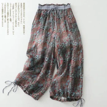 Хлопчатобумажные льняные брюки с цветочным принтом, свободные повседневные Винтажные Корейские модные брюки Harajuku, брюки-фонарики, женская одежда, мешковатые брюки