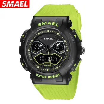 Цифровые часы Smael для мужчин, модный водонепроницаемый хронограф, кварцевые наручные часы с двойным отображением времени, Автоматическая Дата, Неделя, 8073 Зеленый