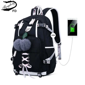 Школьный рюкзак в корейском стиле Fengdong для девочки-подростка, черно-белый рюкзак для студенток, школьный рюкзак, милая сумка для книг
