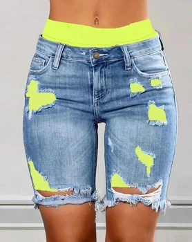Элегантные летние новые модные женские обтягивающие шорты 2-в-1 с буквенным принтом в виде цветных блоков 2023, рваные джинсовые шорты-скинни, женский повседневный низ