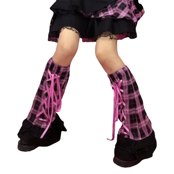 Японские носки-грелки в винтажную розовую клетку для девочек в стиле харадзюку, Бандажная женская уличная одежда в стиле панк, модный чехол для ног